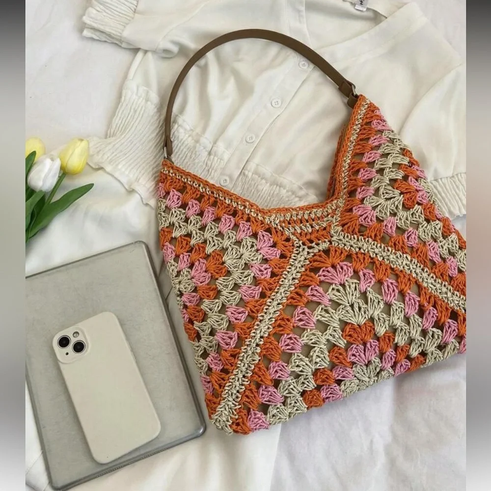 Elegant Orange and Pink Crochet Hobo Bag